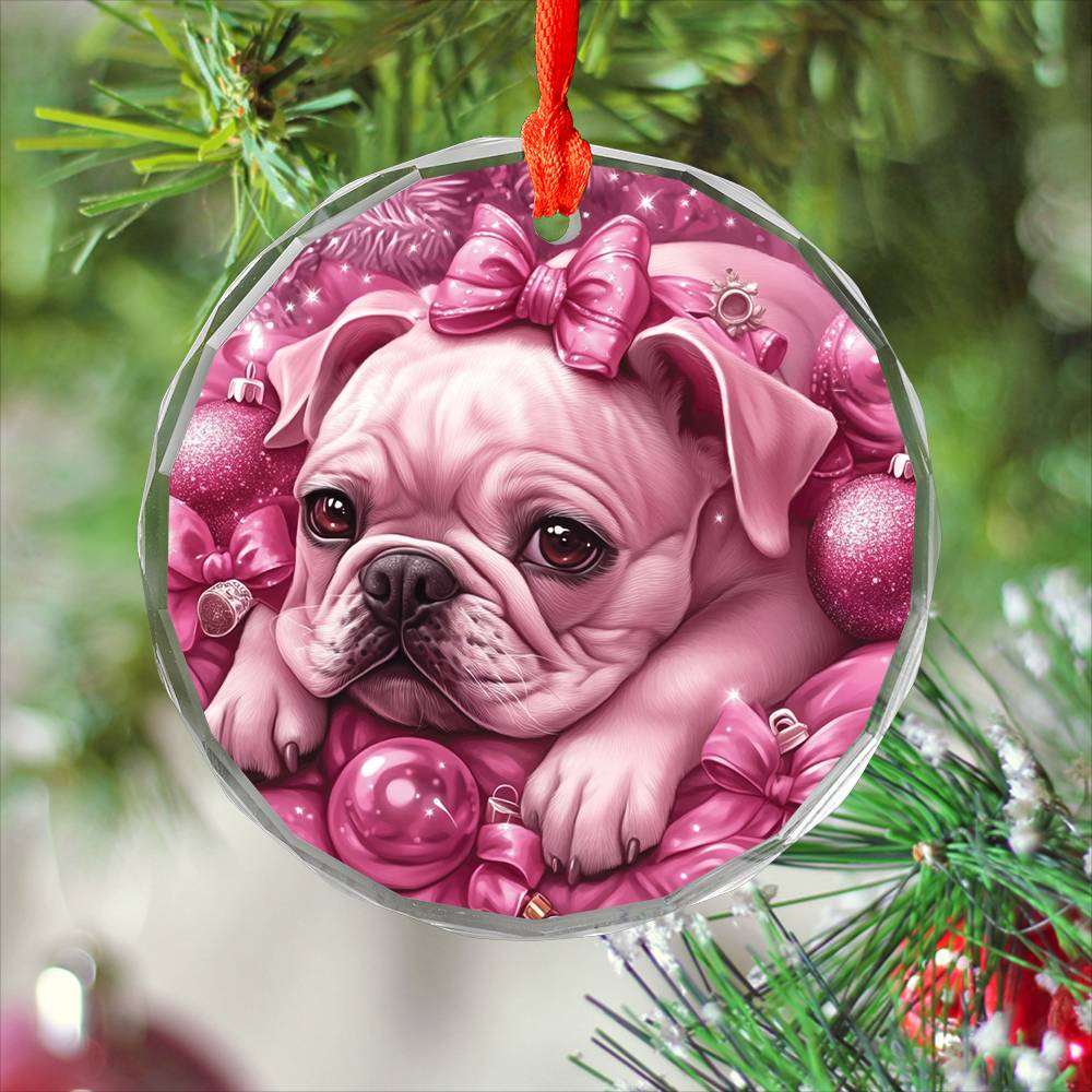 Bulldog Pink Christmas Design 1 Glass Ornament