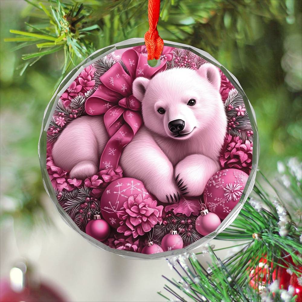 Pola Bear Pink Christmas Design 4 Glass Ornament