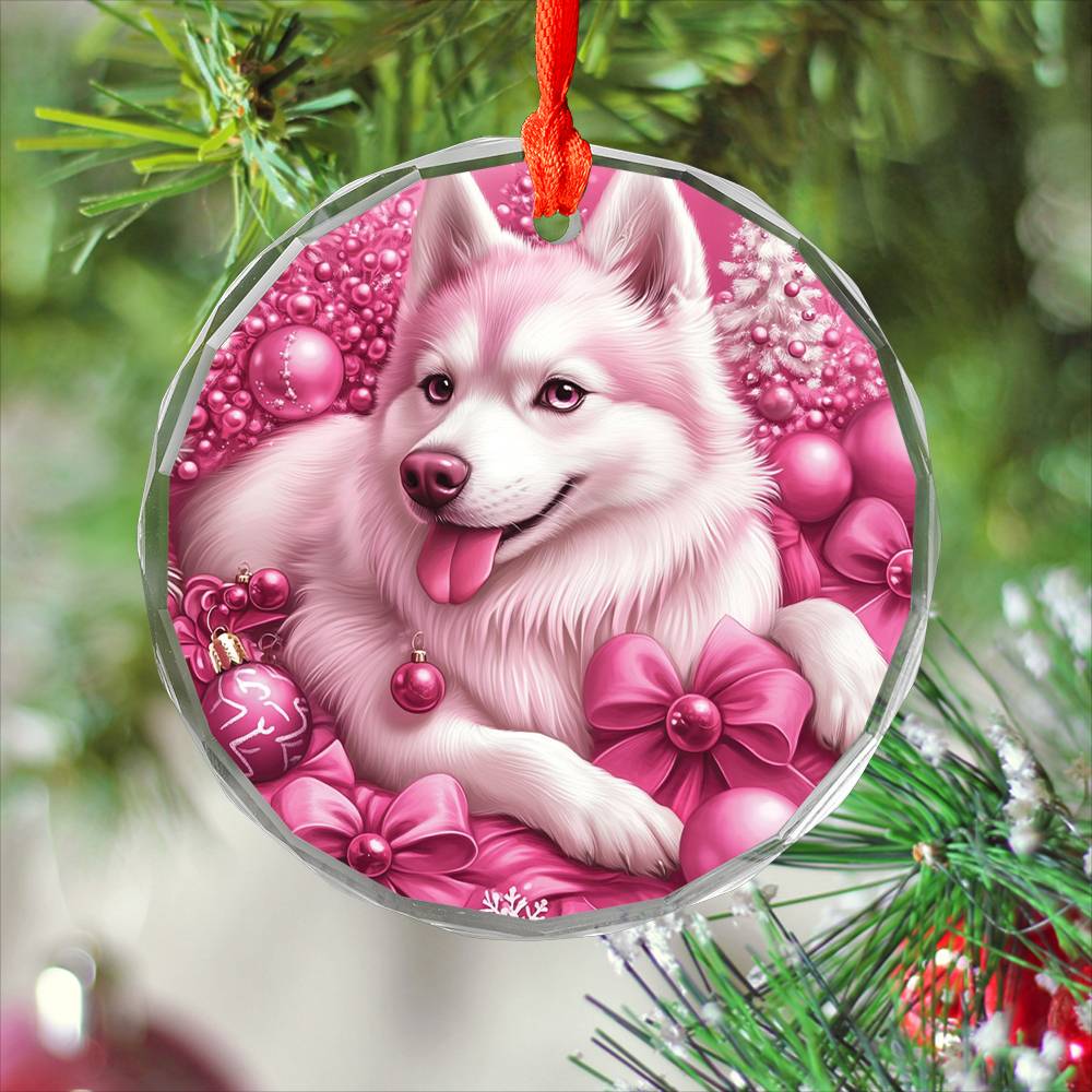 Siberian Huskie Dog Pink Christmas Design 3 Glass Ornament
