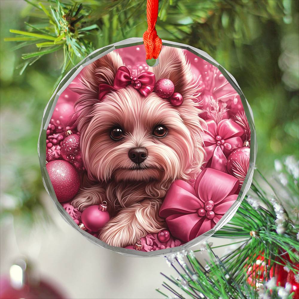 Yorkshire Terrier Dog Pink Christmas Design 4 Glass Ornament