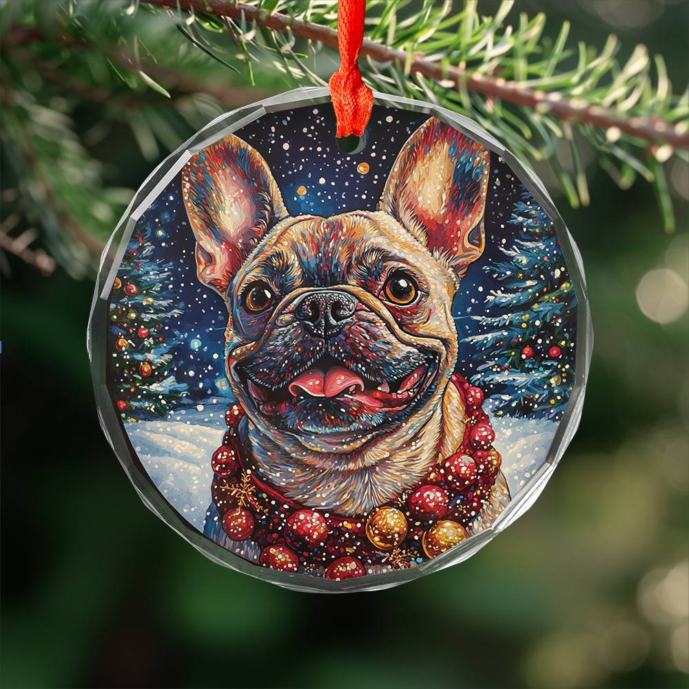 Beautiful Angus Bulldog Christmas Night Design 1 Glass Ornament
