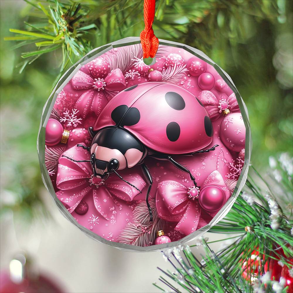 Ladybug Pink Christmas Design 3 Glass Ornament