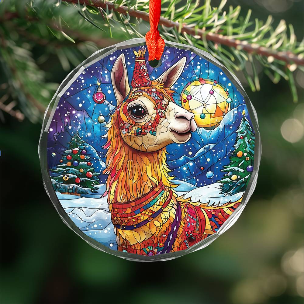 Beautiful Llama Christmas Night Design 4 Glass Ornament