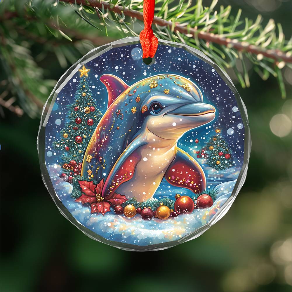 Beautiful Angus Dolphin Christmas Night Design 2 Glass Ornament