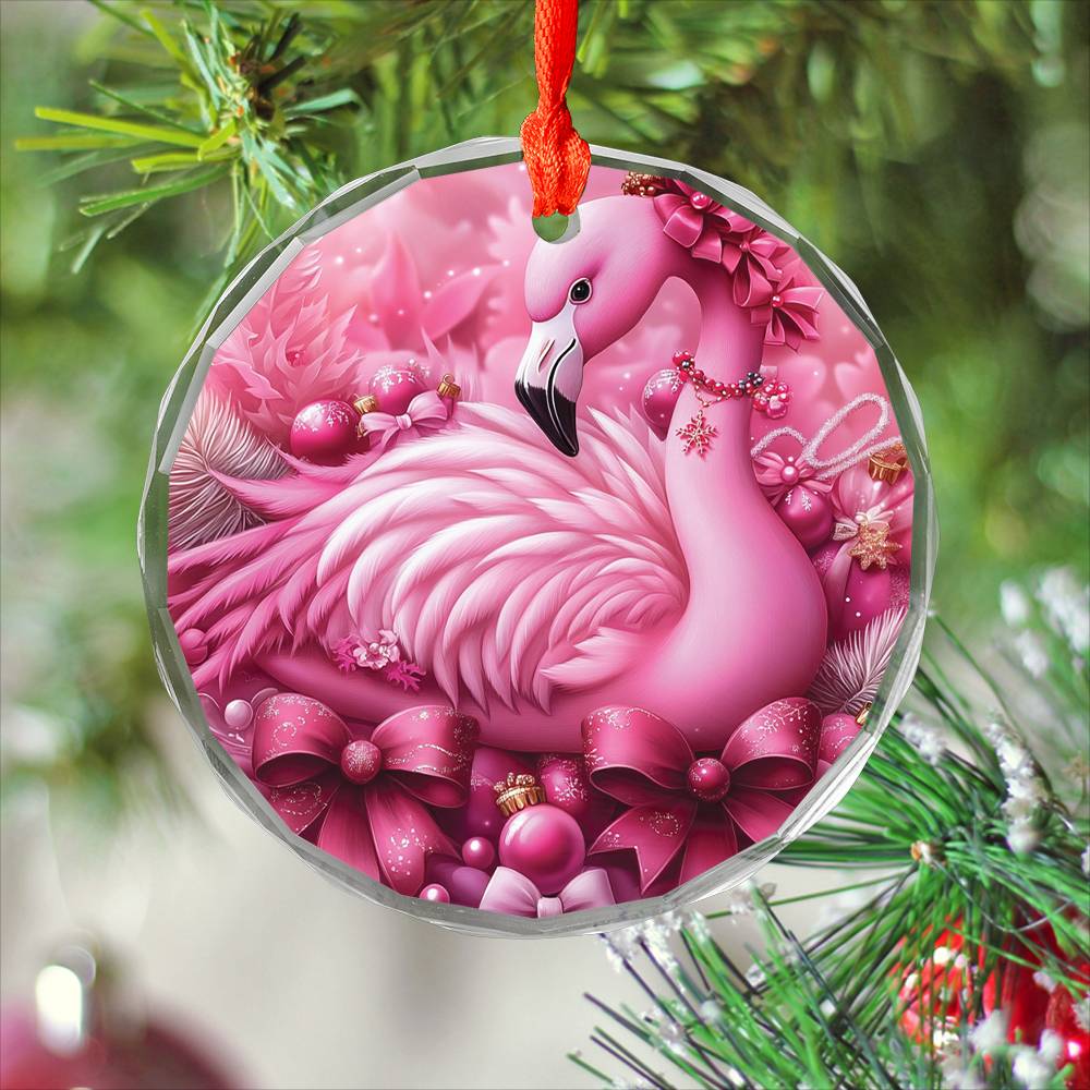 Flamingo Pink Christmas Design 3 Glass Ornament