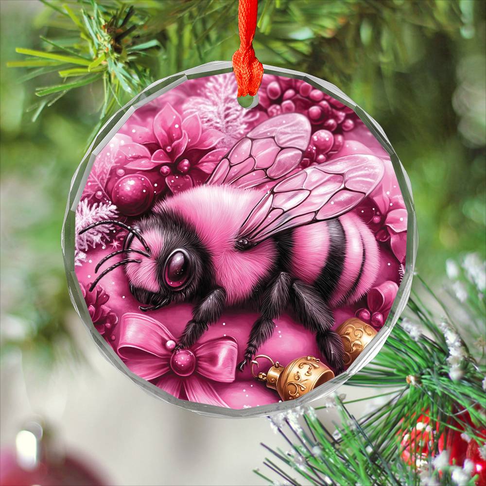 Bee Pink Christmas Design 1 Glass Ornament