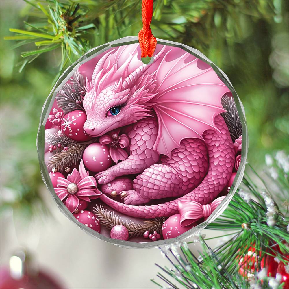 Dragon Pink Christmas Design 3 Glass Ornament