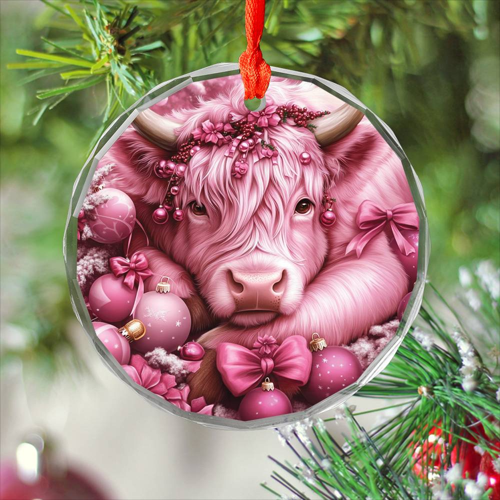 Highland Cow Pink Christmas Design 3 Glass Ornament