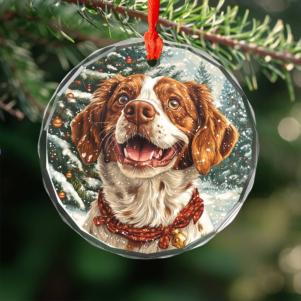 Beautiful Brittany Dog Christmas Night Design 2 Glass Ornament