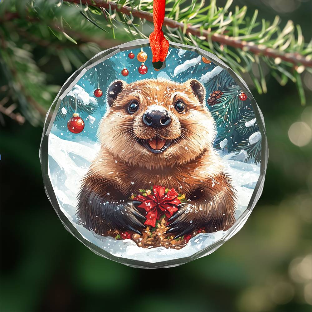 Beautiful Angus Beaver Christmas Night Design 2 Glass Ornament