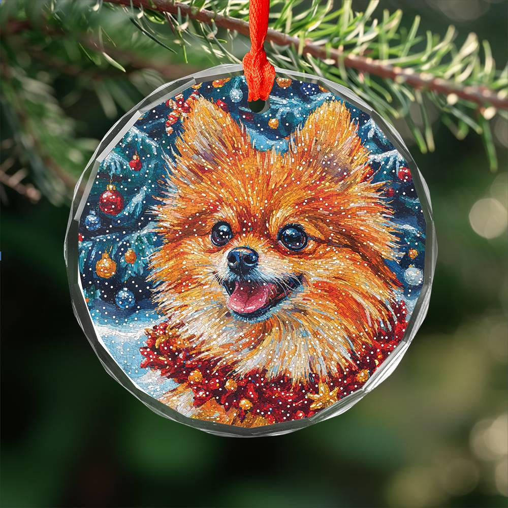 Beautiful Angus Pomeranian Dog Christmas Night Design 2 Glass Ornament