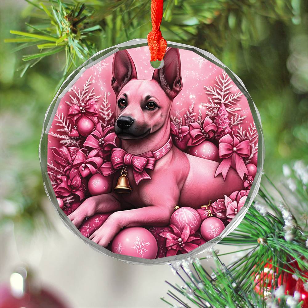 Belgian Malinoi Dog Pink Christmas Design 3 Glass Ornament