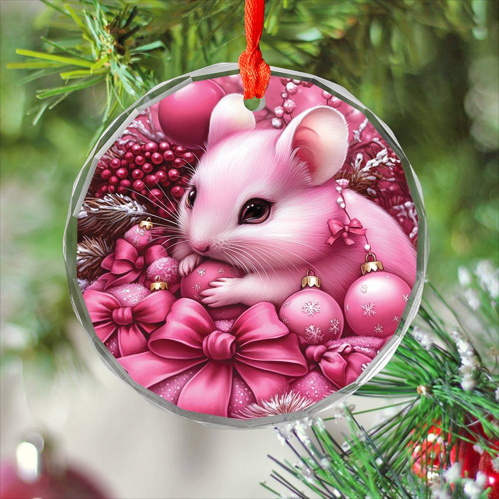 Hamster Pink Christmas Design 4 Glass Ornament
