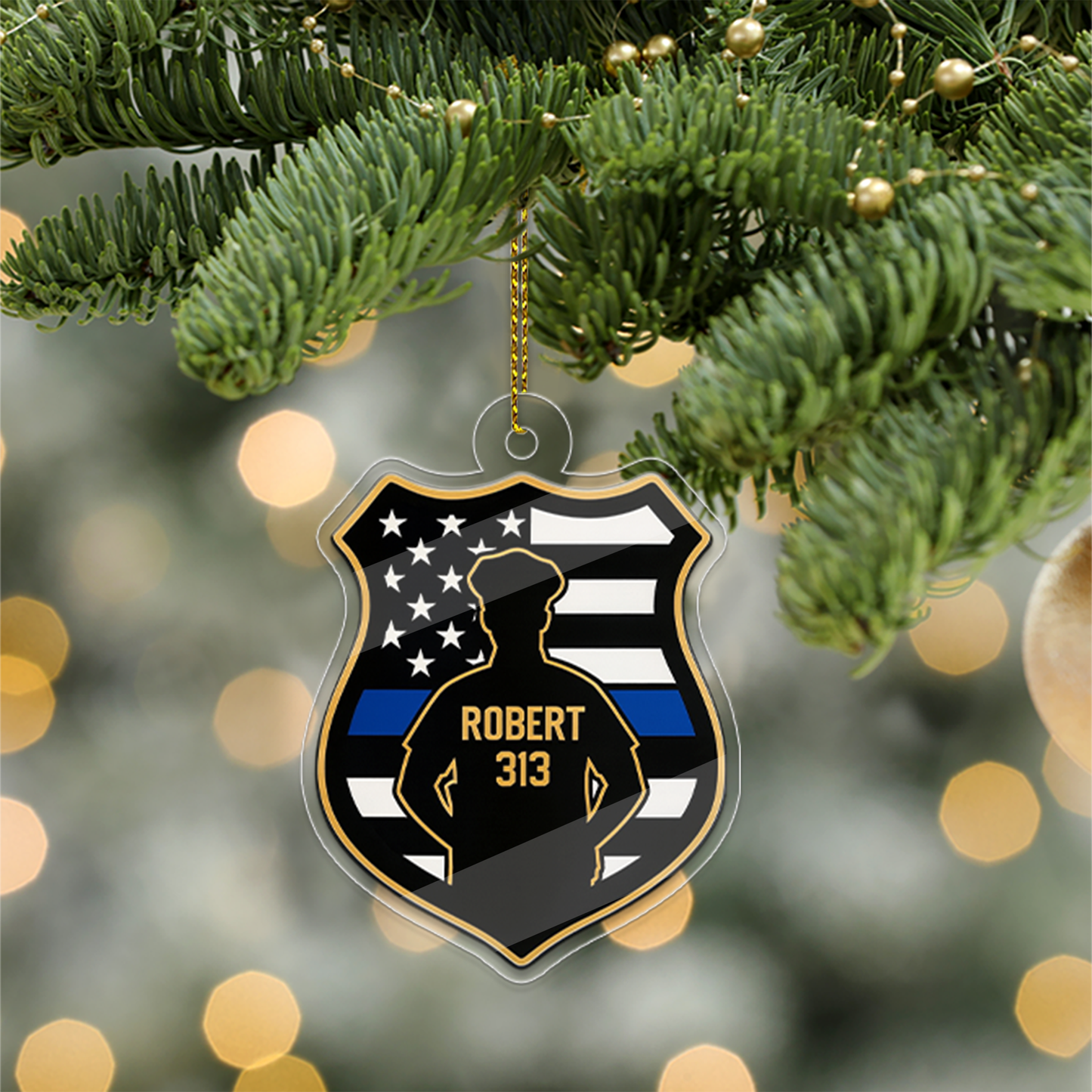 Custom Policeman Christmas Tree Ornament, Police Officer Christmas Decor, Gift for Dad, Husband, Thin Blue Line Police Badge Ornament