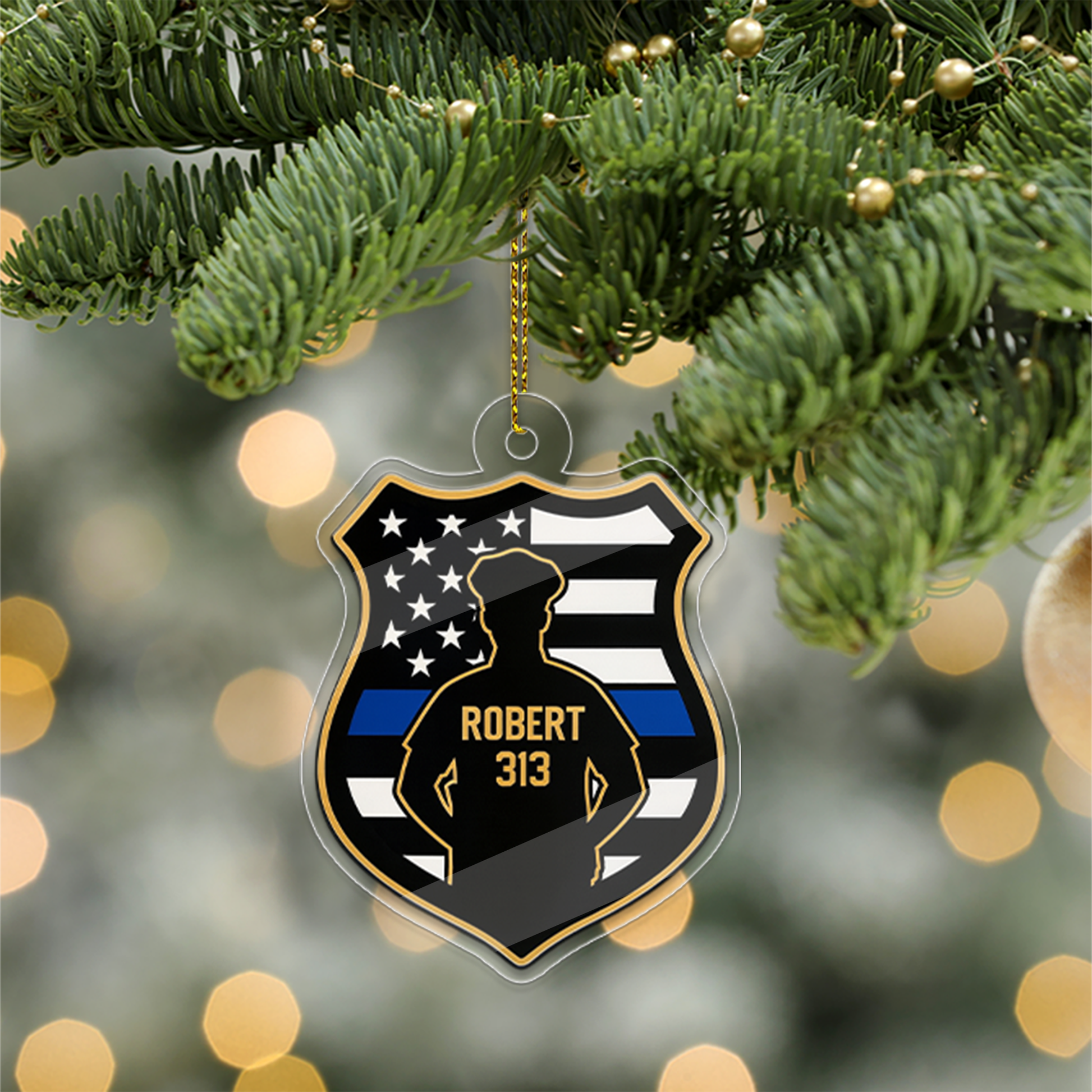 Custom Policeman Christmas Tree Ornament, Police Officer Christmas Decor, Gift for Dad, Husband, Thin Blue Line Police Badge Ornament