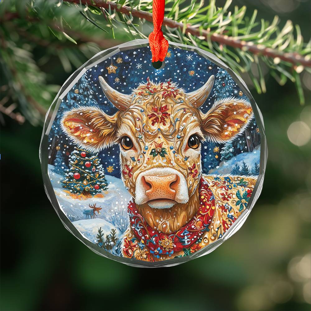 Beautiful Jersey Cow Christmas Night Design 1 Glass Ornament