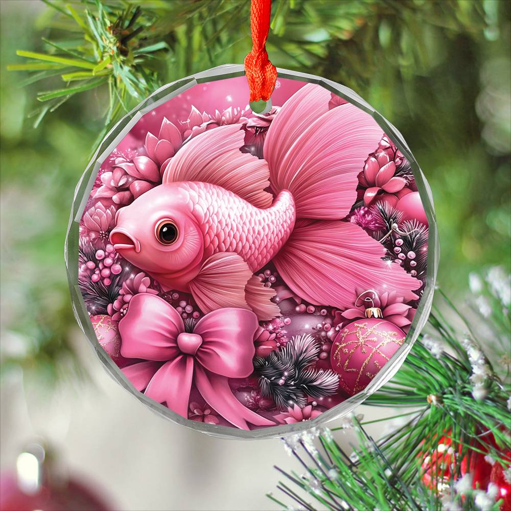 Goldfish Pink Christmas Design 1 Glass Ornament