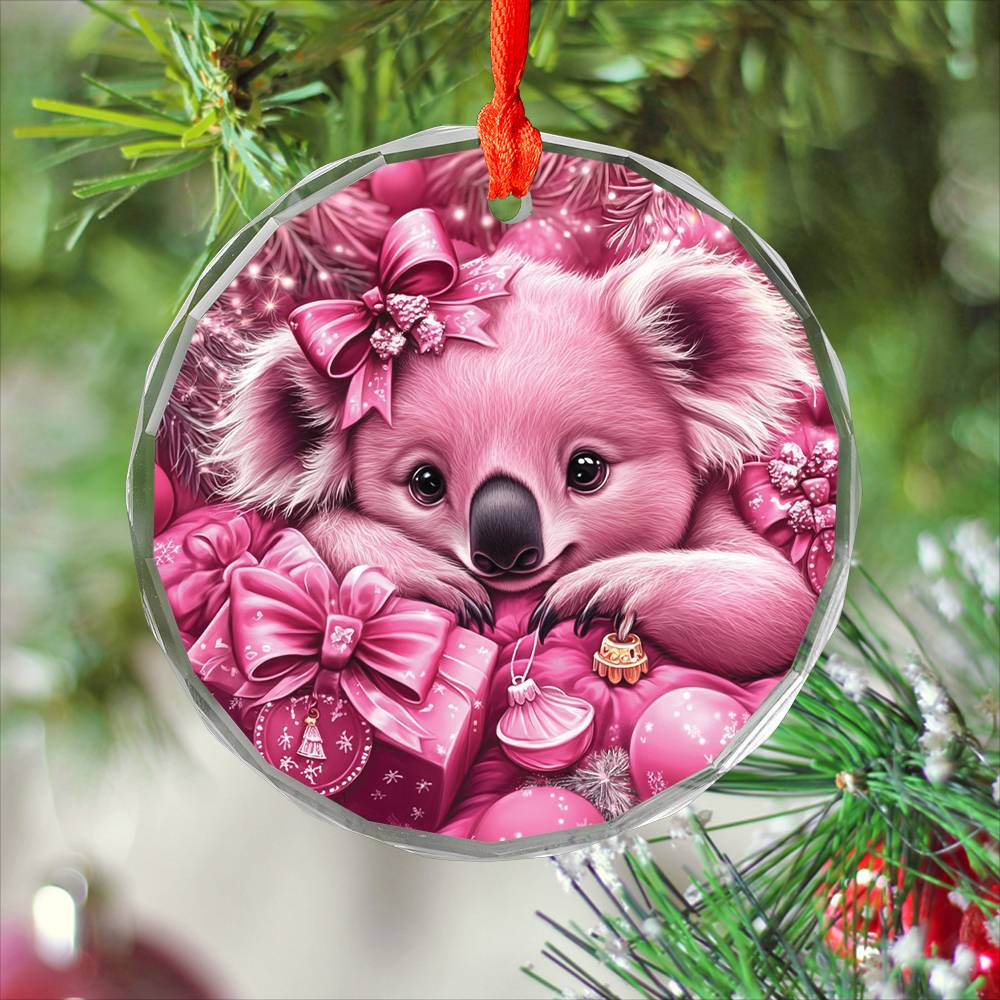 Koala Pink Christmas Design 1 Glass Ornament