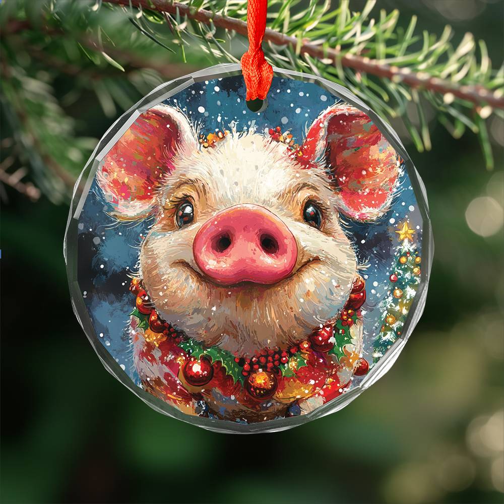 Beautiful Pig Christmas Night Design 2 Glass Ornament