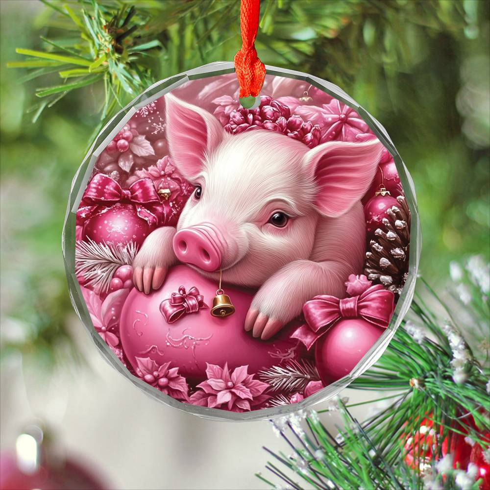 Pig Pink Christmas Design 4 Glass Ornament