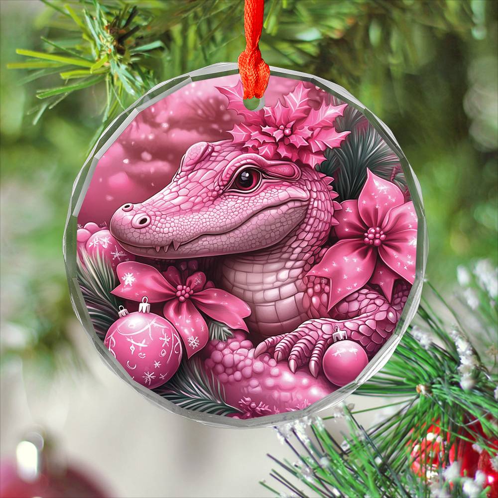 Alligator Pink Christmas Design 2 Glass Ornament
