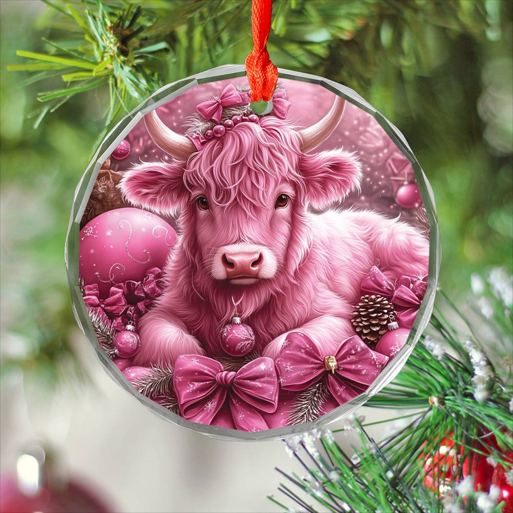 Highland Cow Pink Christmas Design 1 Glass Ornament