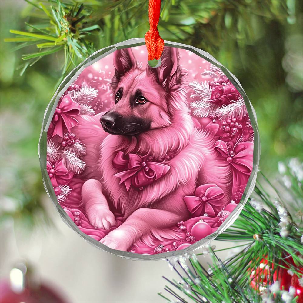 German Shepherd Dog Pink Christmas Design 2 Glass Ornament