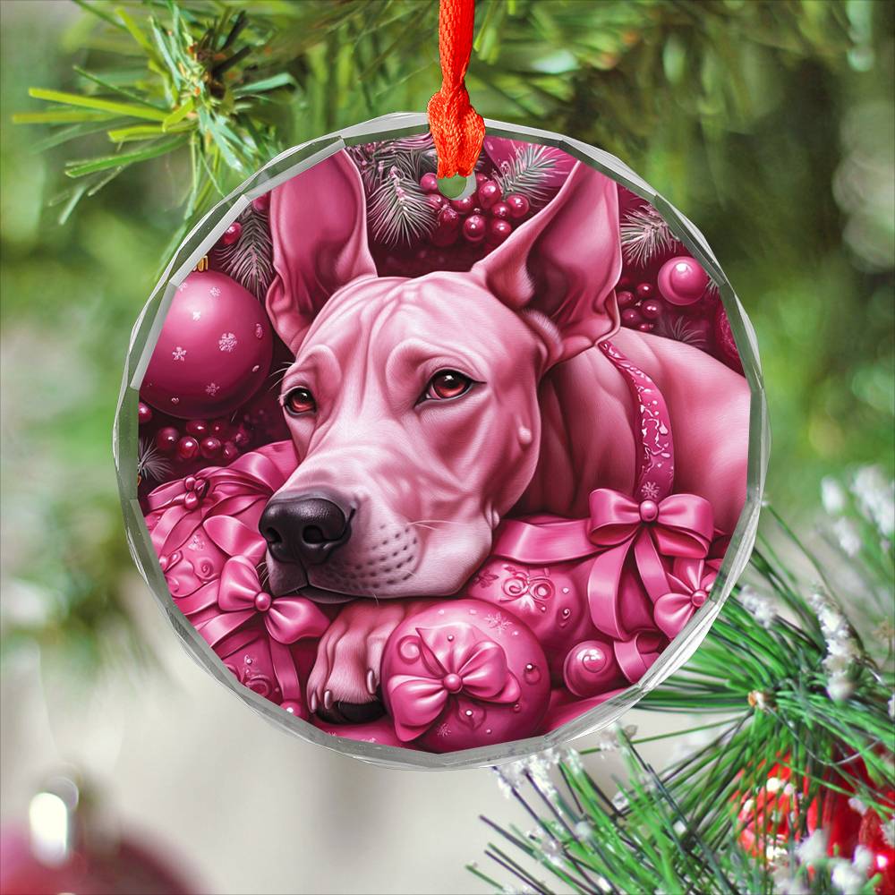Great Dane Dog Pink Christmas Design 1 Glass Ornament