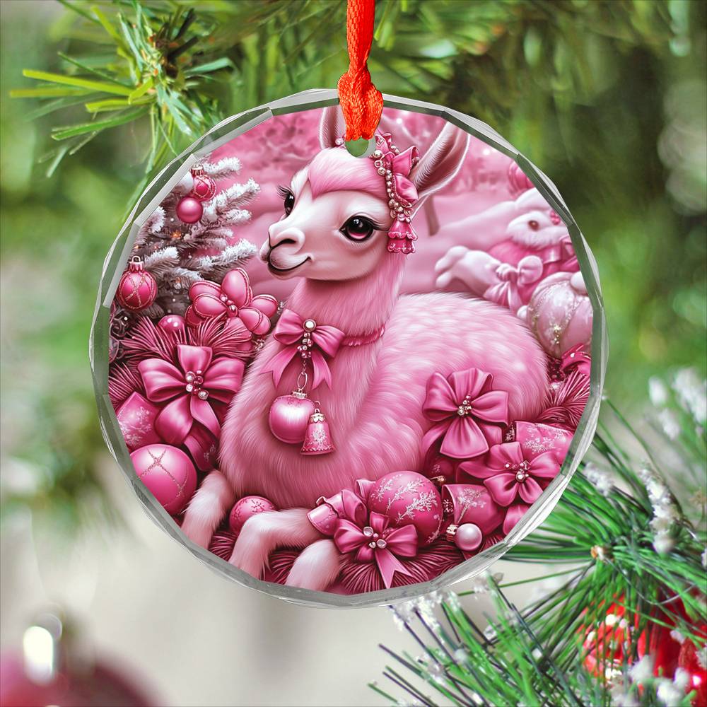 Llama Pink Christmas Design 1 Glass Ornament