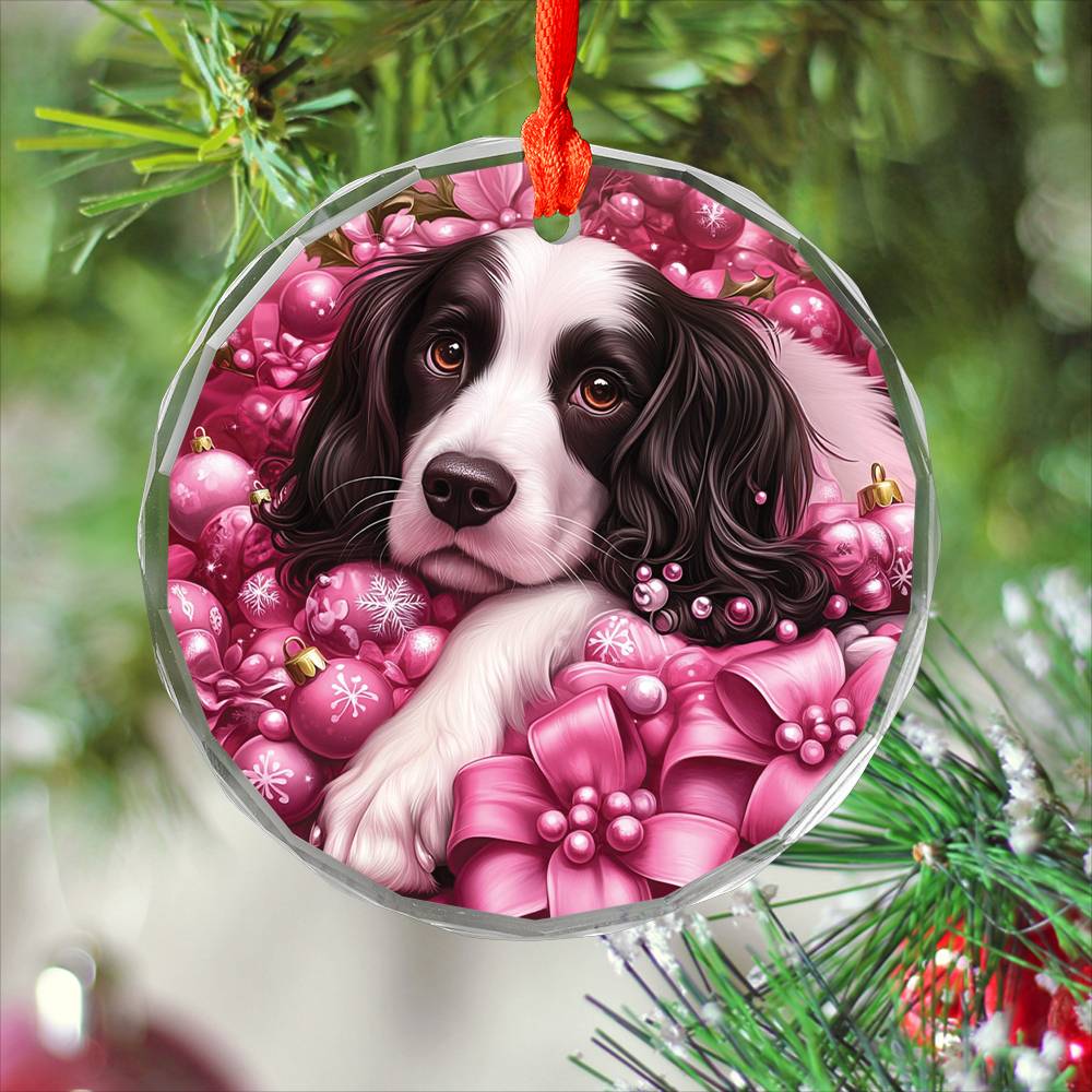 English Springer Spaniel Dog Pink Christmas Design 4 Glass Ornament