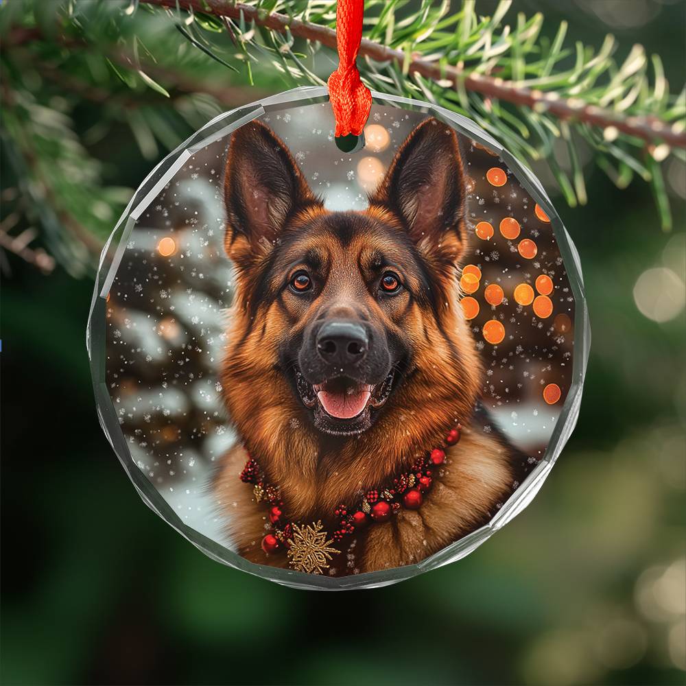 Beautiful German Shepherd Dog Christmas Night Design 2 Glass Ornament