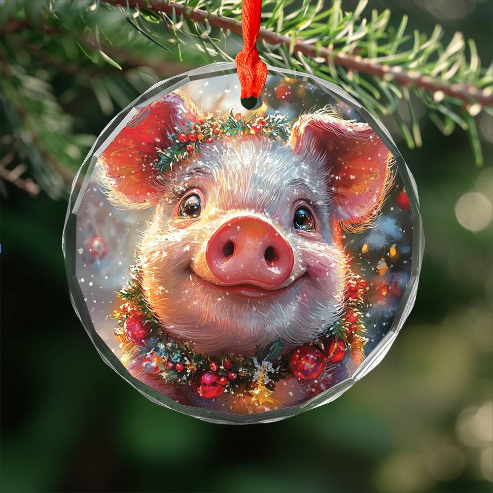 Beautiful Pig Christmas Night Design 3 Glass Ornament