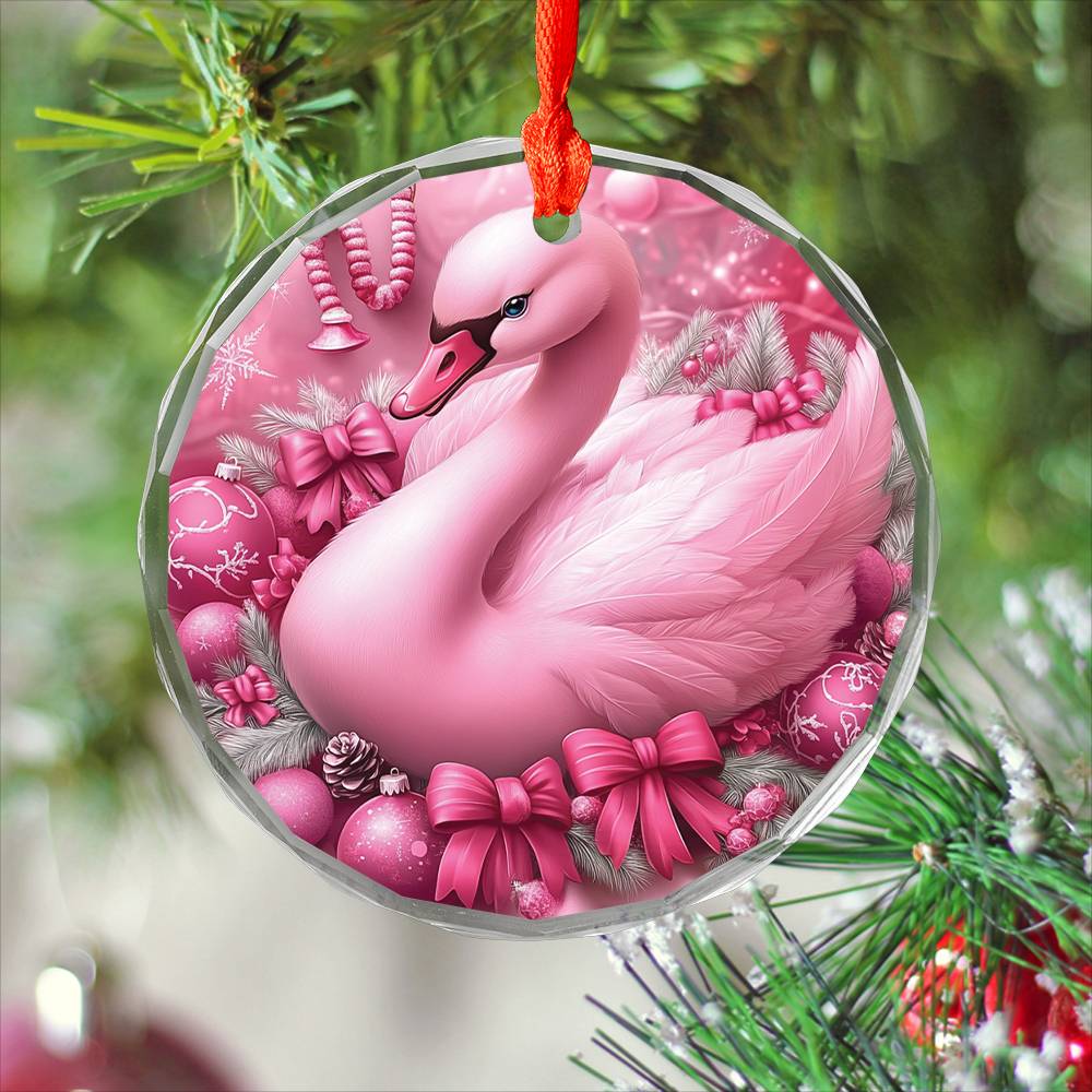 Swan Pink Christmas Design 3 Glass Ornament