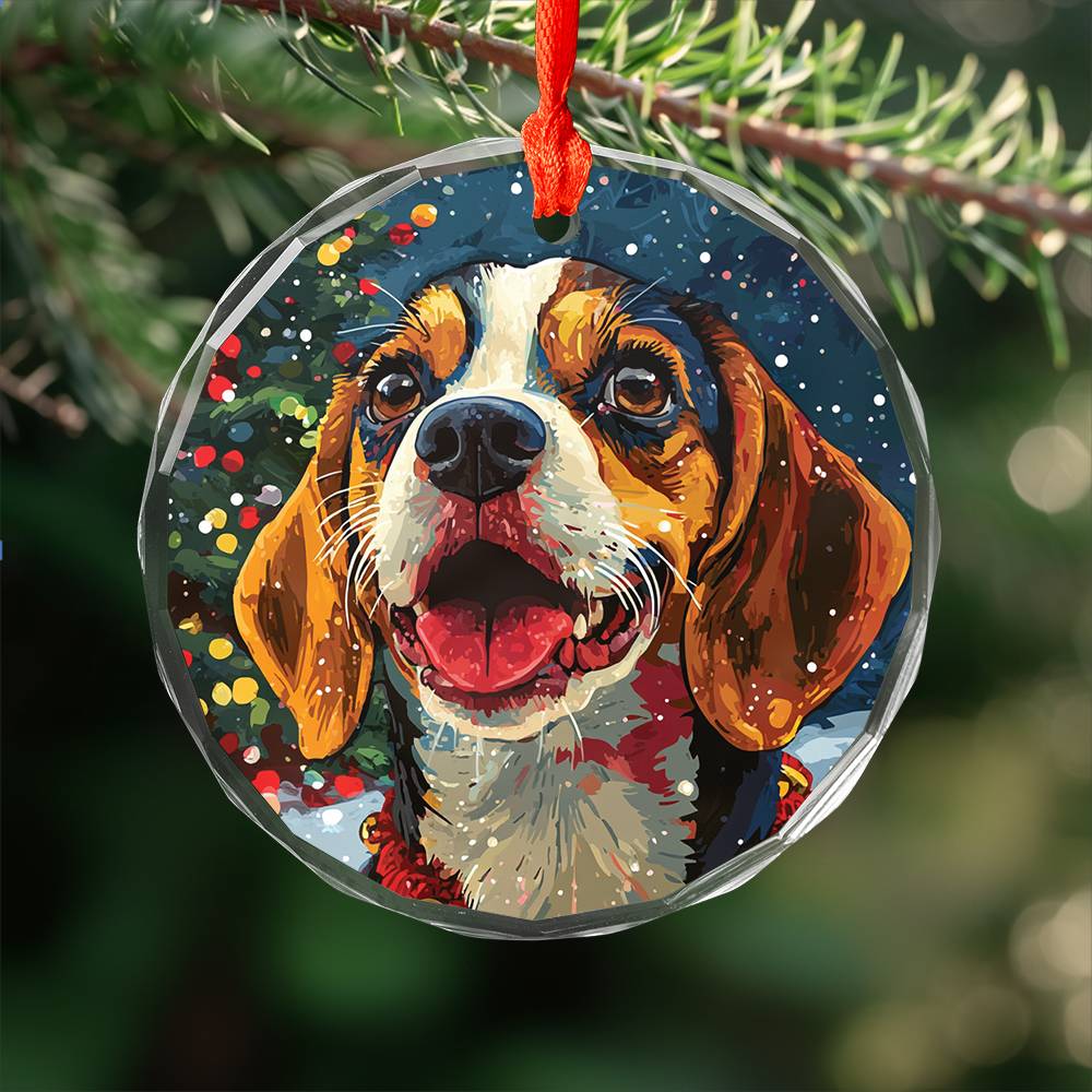 Beautiful Angus Beagle Dog Christmas Night Design 2 Glass Ornament