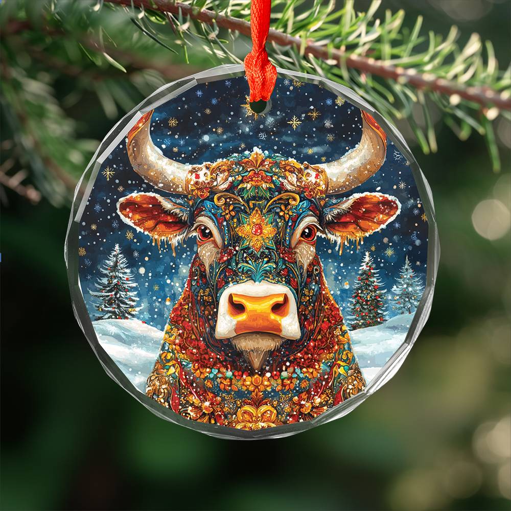 Beautiful Bull Christmas Night Design 3 Glass Ornament