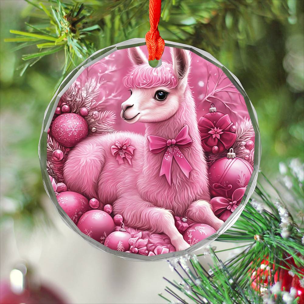 Alpaca Pink Christmas Design 3 Glass Ornament