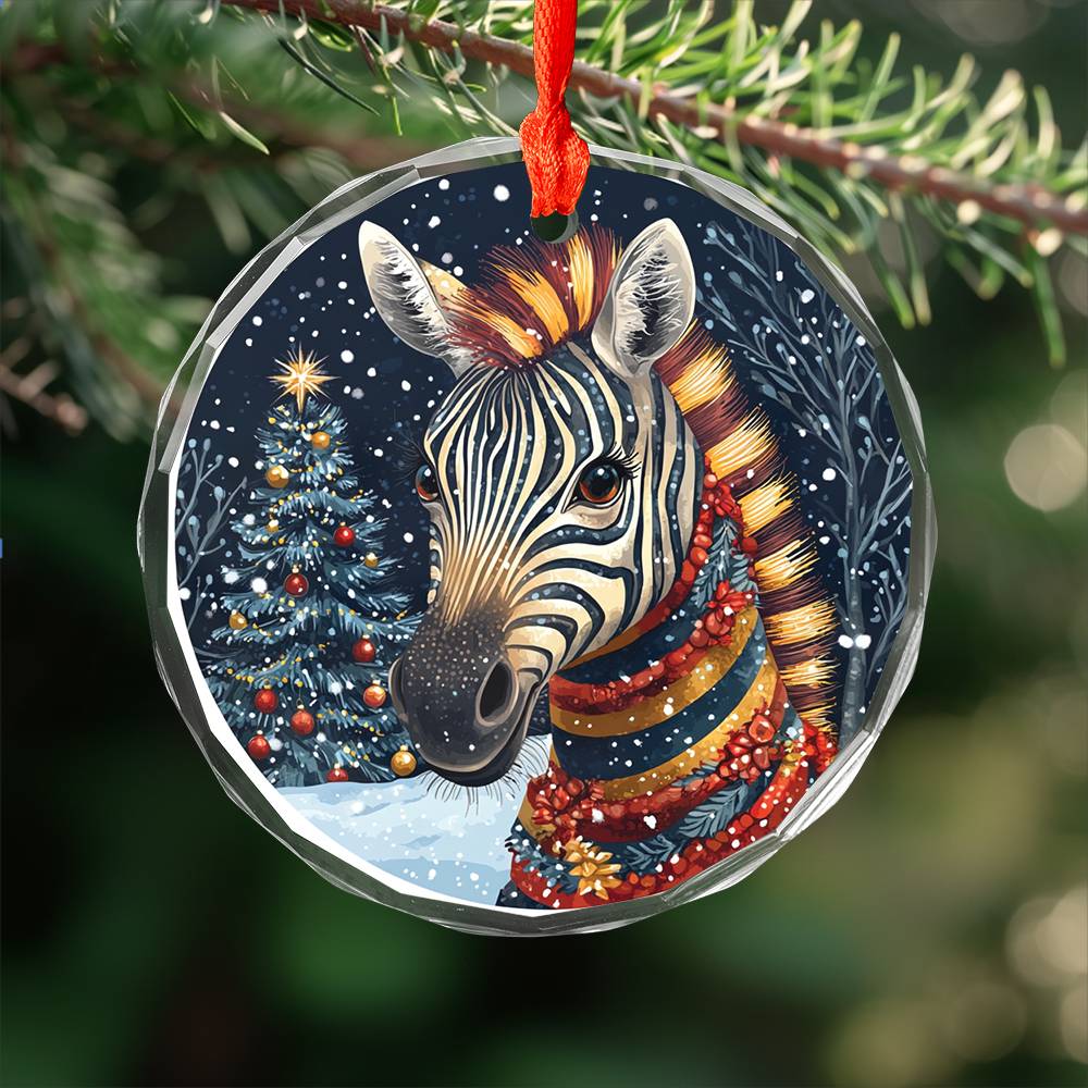 Beautiful Zebra Christmas Night Design 2 Glass Ornament