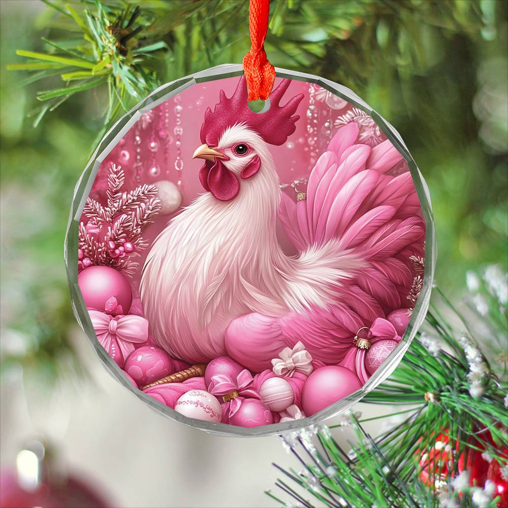 Rooster Pink Christmas Design 1 Glass Ornament