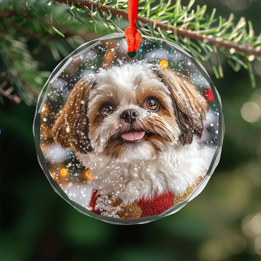 Beautiful Angus Shih Tzu Dog Christmas Night Design 2 Glass Ornament