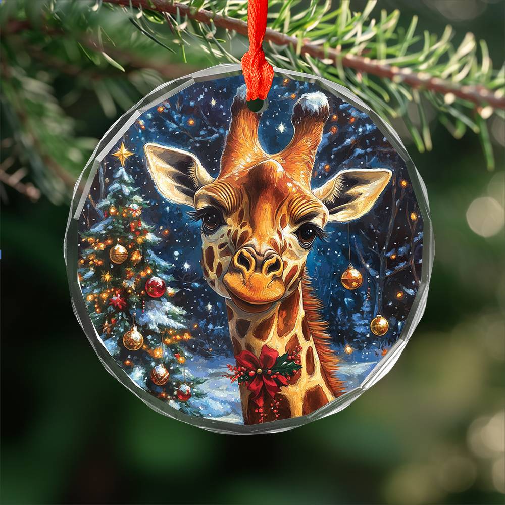 Beautiful Giraffe Christmas Night Design 4 Glass Ornament