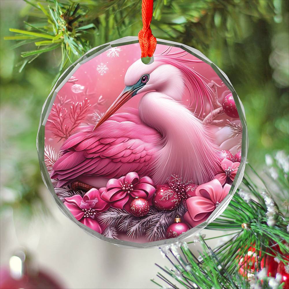 Heron Pink Christmas Design 3 Glass Ornament