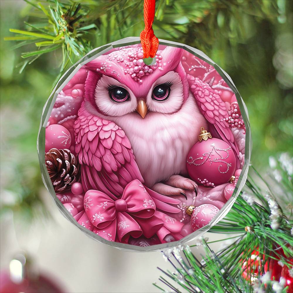 Owl Pink Christmas Design 3 Glass Ornament
