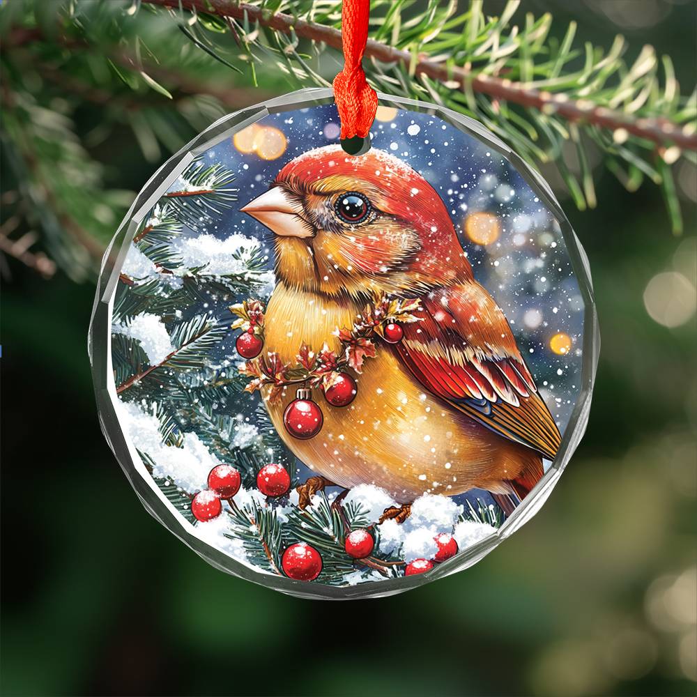 Beautiful Finch Christmas Night Design 3 Glass Ornament