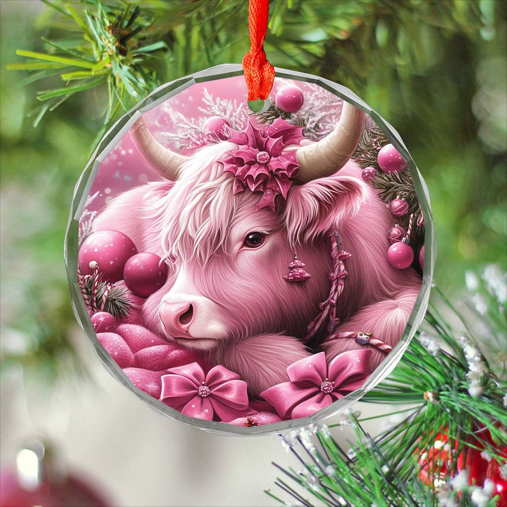 Highland Cow Pink Christmas Design 2 Glass Ornament