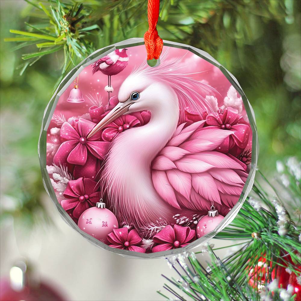 Heron Pink Christmas Design 1 Glass Ornament