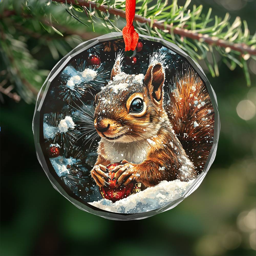 Beautiful Angus Squirrel Christmas Night Design 3 Glass Ornament