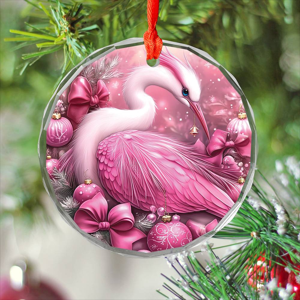 Heron Pink Christmas Design 2 Glass Ornament