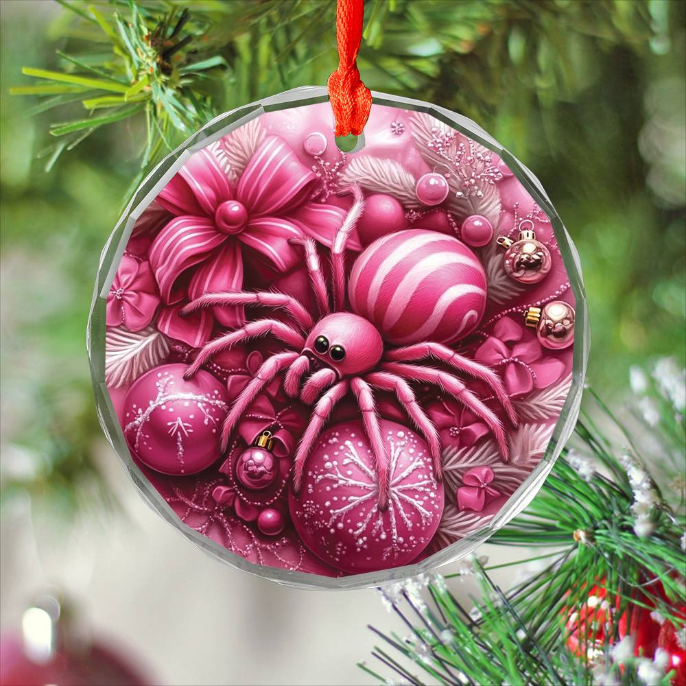Spider Pink Christmas Design 1 Glass Ornament