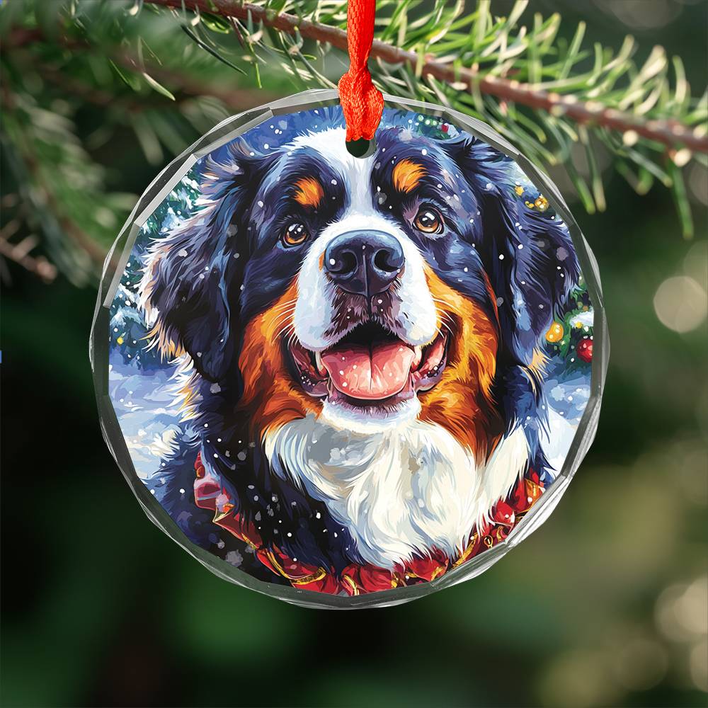 Beautiful Angus Bernese Mountain Dog Christmas Night Design 4 Glass Ornament