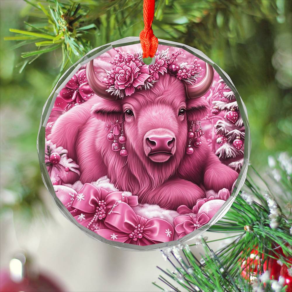 Bison Pink Christmas Design 1 Glass Ornament